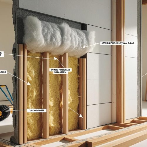 A construction site showing the installation of acoustic gypsum board walls, with labeled layers including insulation, studs, and gypsum sheets. (1)