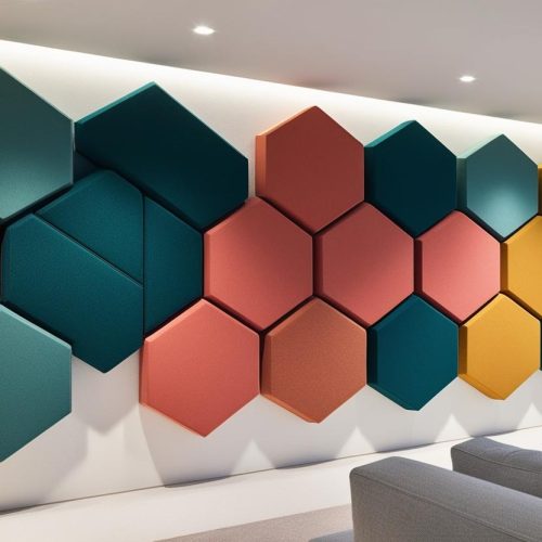 A modern interior with colorful hexagonal acoustic panels arranged creatively on the wall, combining style and sound control in a geometric design. (1)