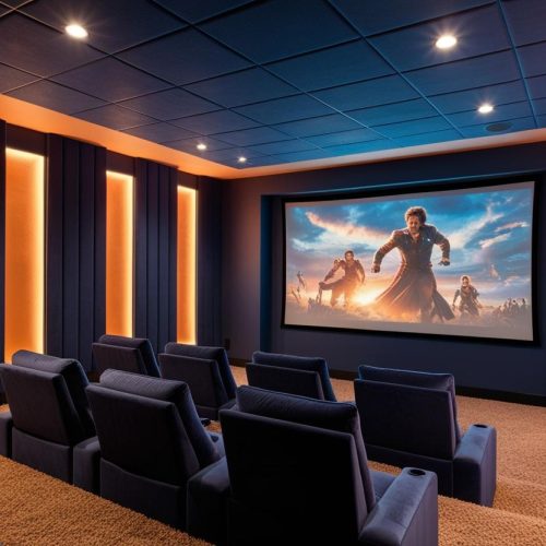 A stylish home theater room with velvet acoustic wall panels, mood lighting, and a mounted screen, giving a cozy and immersive cinematic atmosphere. (1)